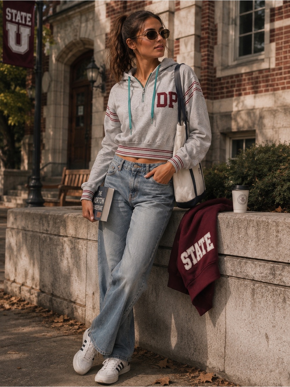 Anthropologie Daily Practice Varsity Cropped Hoodie Sweatshirt Gray Maroon L